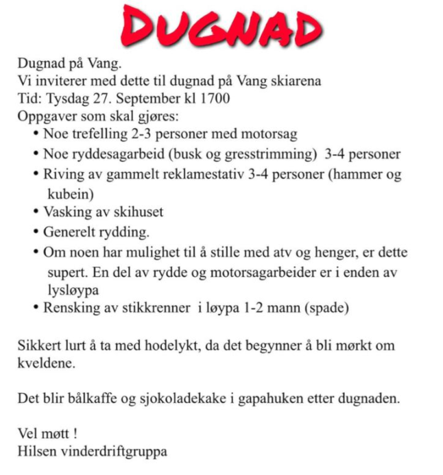 Dugnad - Vang Skiarena - 27. september 2022 kl 17:00